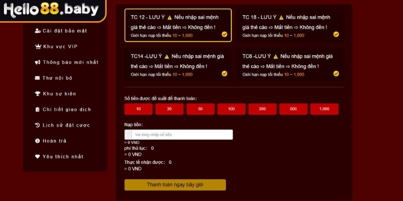 Nạp Tiền HELLO88 Với Hướng Dẫn Chi Tiết Các Kênh An Toàn 2 Sử dụng thẻ cào nạp tiền